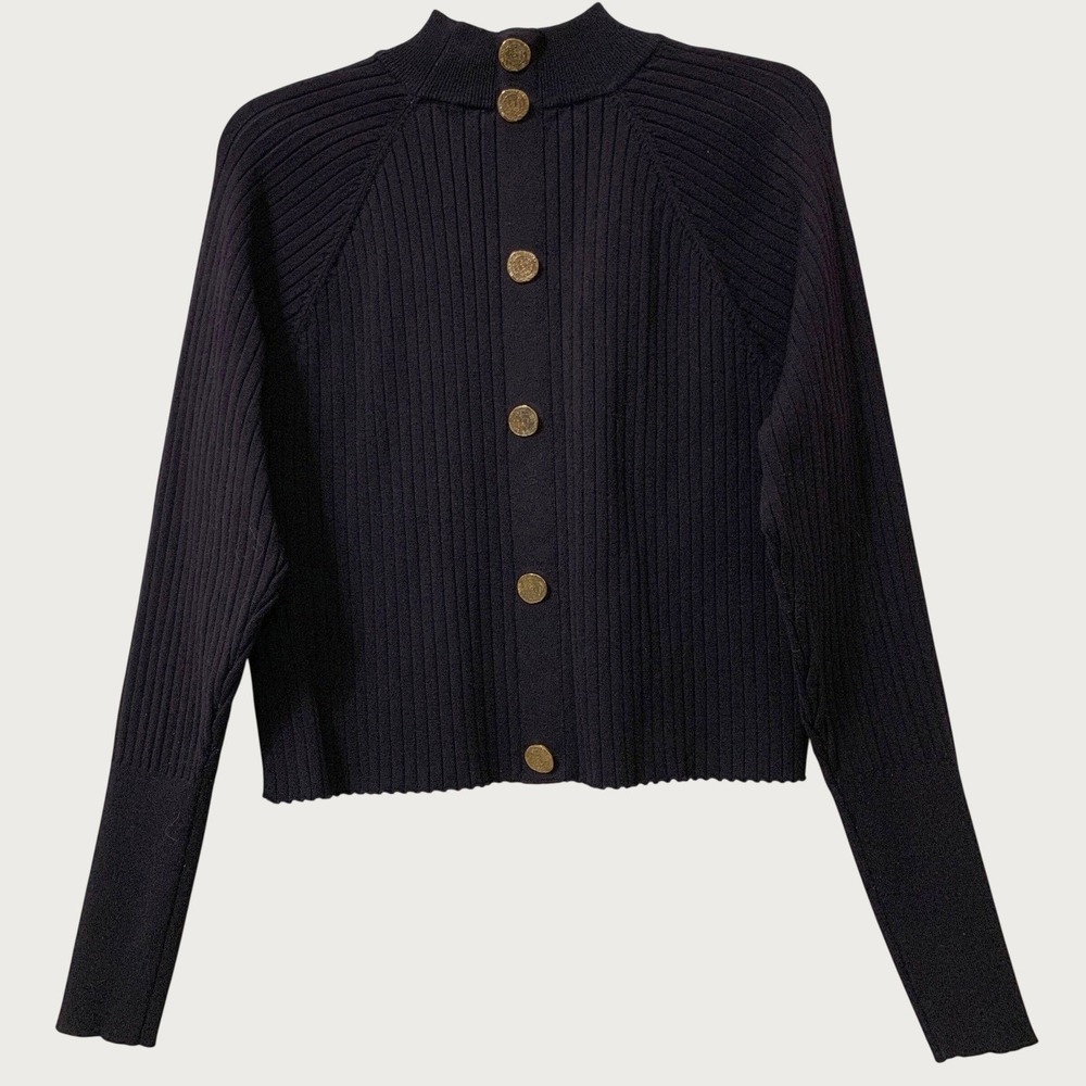 Zara Knit Sweater Women L Black Mock Neck Gold Button Back Ribbed Cropped